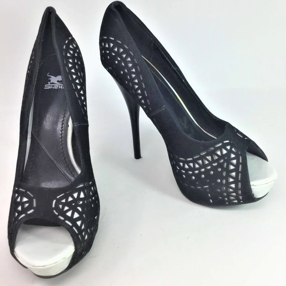 Shiekh Black Heels Laser Cut Peep Toe Platform 8.5
